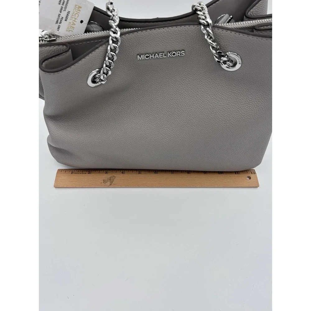 Michael Kors Teagan‎ Long Drop Satchel Pearl Grey Pebbled Leather NEW MSRP $448.